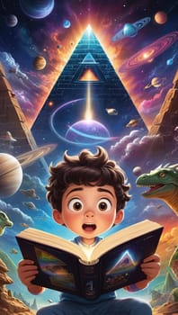 The child in a bright green shirt gazes up in wonder at the majestic floating golden pyramid, surrounded by vibrant planets, swirling galaxies, and sparkling stars, igniting imagination and curiosity.