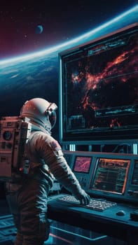 A female astronaut in a detailed spacesuit sits at the advanced control panel of a spaceship, intently looking at the vast expanse of stars and galaxies outside the window, contemplating the universe.