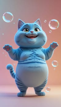 A cute and cheerful blue cartoon cat stands on a pink background with closed eyes, smiling happily, surrounded by floating bubbles, showcasing a joyful and playful character.