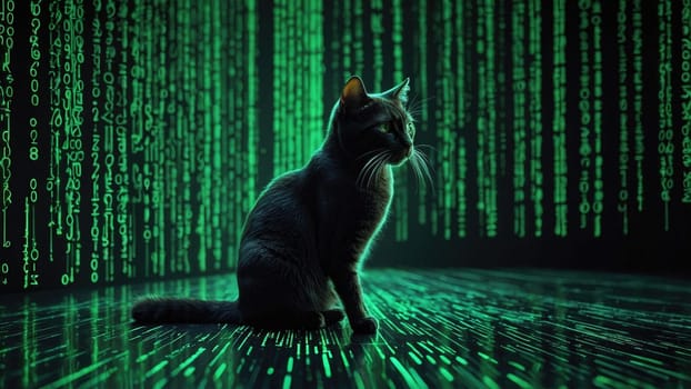 In a dark room, a sleek black cat sits gracefully amidst a cascade of bright green digital rain. Its piercing eyes gaze directly at the viewer, evoking a sense of curiosity and intrigue.
