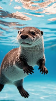 A cute otter looks up at the camera while in the water, showcasing its face and body. Its prominent whiskers add a charming touch to this captivating wildlife moment.