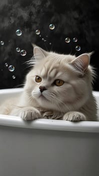 A ginger cat sits in a bathtub filled with warm water and bubbles floating around it. The cat looks out of the tub pensively, enjoying the relaxing atmosphere and playful splashes.
