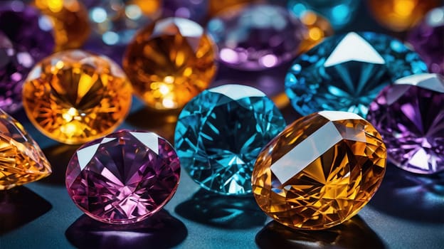 This image showcases a stunning array of gemstones, including diamonds, rubies, sapphires, and emeralds, beautifully scattered on a rich dark blue background, enhancing their brilliance and elegance.