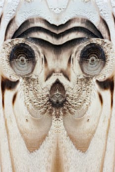 Art on wood. On a wooden board, the knotholes look like a face