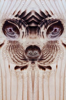 Art on wood. On a wooden board, the knotholes look like a face