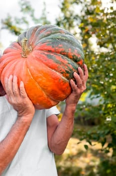 Mature caucasian male holding large harvest pumpkin in garden.