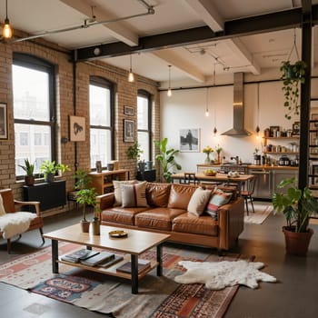 Open-concept loft with brick walls, large windows, and a modern kitchen. AI generated
