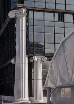 Bangkok, Thailand 23 Dec, 2024 - Architecture element of white columns for decoration building. The morning light shining through Classic pillars detail of Modern building. use it as your Wallpaper, Poster and Copy space, Selective focus.