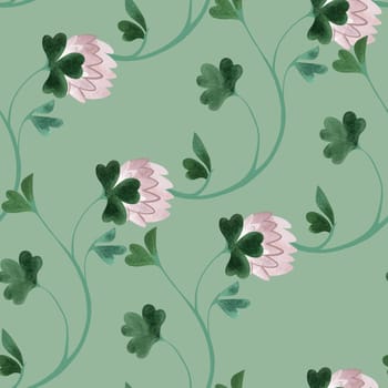 Textile seamless floral pattern with clover flowers and shamrocks in vintage style. Design for kitchen home textiles, tablecloths, curtains, bed linen, dress fabrics, wrapping paper