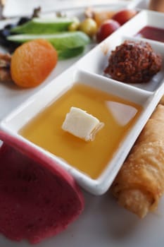 turkish breakfast plate on a table .