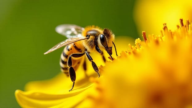 Close-up of a honeybee collecting nectar from a vibrant yellow flower. The detailed texture of the bee and the flower, showcasing a moment of pollination.