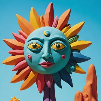 sun plasticine clay solar color symbol abstract art illustration children design decor figures. 3D render generated ai alt blue orange yellow face mask . High quality 3d illustration cartoon toy
