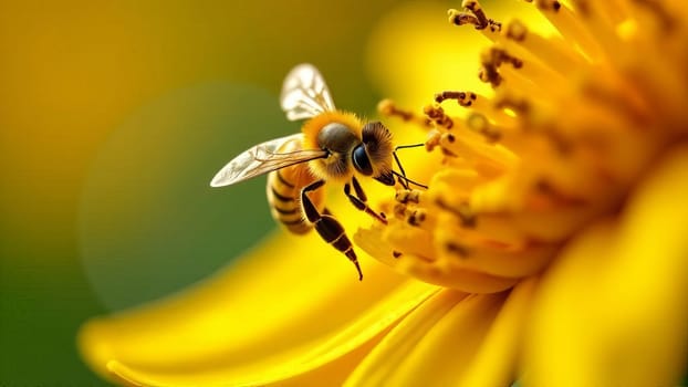 Close-up of a honeybee collecting nectar from a vibrant yellow flower. The detailed texture of the bee and the flower, showcasing a moment of pollination.