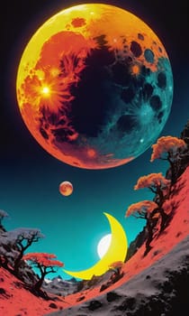 solar eclipse, abstract planet art sun shape red yellow black night light cosmic plasma illustration generated ai alt round . High quality illustration