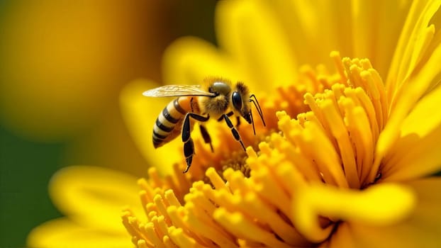 Close-up of a honeybee collecting nectar from a vibrant yellow flower. The detailed texture of the bee and the flower, showcasing a moment of pollination.