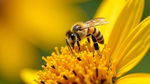 Close-up of a honeybee collecting nectar from a vibrant yellow flower. The detailed texture of the bee and the flower, showcasing a moment of pollination.