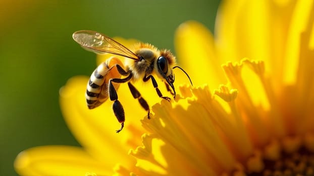 Close-up of a honeybee collecting nectar from a vibrant yellow flower. The detailed texture of the bee and the flower, showcasing a moment of pollination.