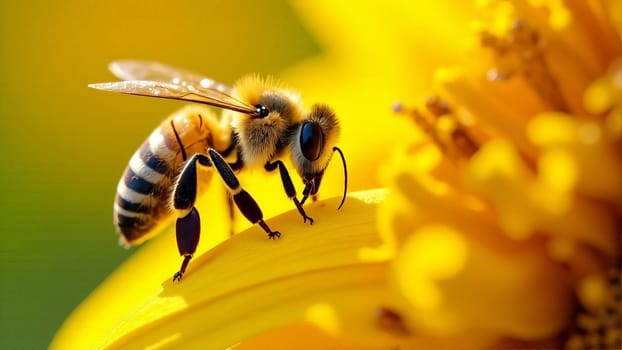 Close-up of a honeybee collecting nectar from a vibrant yellow flower. The detailed texture of the bee and the flower, showcasing a moment of pollination.
