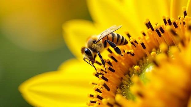 Close-up of a honeybee collecting nectar from a vibrant yellow flower. The detailed texture of the bee and the flower, showcasing a moment of pollination.