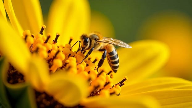 Close-up of a honeybee collecting nectar from a vibrant yellow flower. The detailed texture of the bee and the flower, showcasing a moment of pollination.