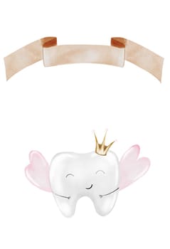 Baby tooth watercolor card. Cute cartoon molar with crown and a sign for the inscription on isolated white background. Dental clip art. Ideal for cards and invitations to the party baby's first tooth, posters in the doctor's office. High quality illustration