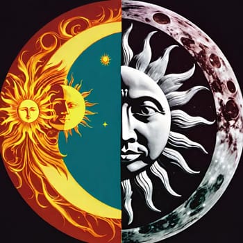 sun and moon abstract art illustration solar origami paper design decor figures night space planet cosmic plasma generated ai alt light face fantasy blue yellow round black . High quality 3d illustration render rendering