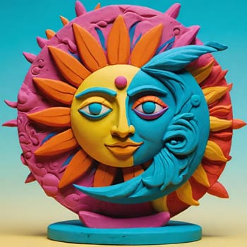 sun plasticine clay moon solar eyes lips color symbol abstract art illustration children design decor figures. 3D render generated ai alt blue orange yellow face mask . High quality 3d illustration cartoon toy