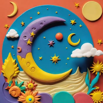 sun plasticine clay moon solar eyes lips color symbol abstract art illustration children design decor figures. 3D render generated ai alt blue orange yellow face mask . High quality 3d illustration cartoon toy