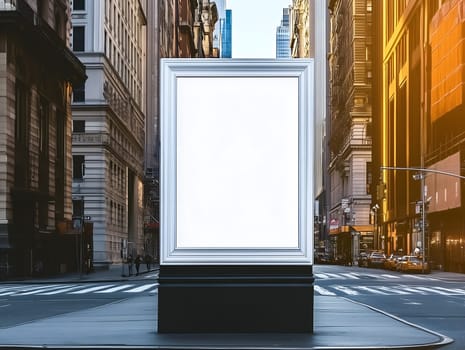 Empty billboard mockup in modern city street with sunlight reflecting on buildings, perfect for urban advertising, promotion, branding, or marketing content in a busy metropolitan environment, banner with copy space
