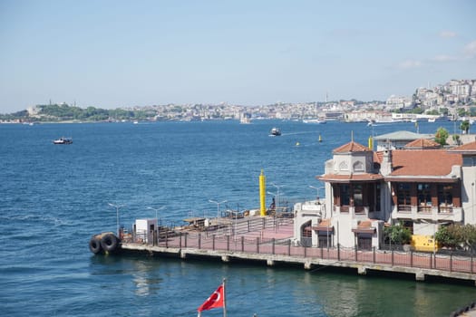 A vibrant coastal view of Istanbul featuring boats and skyline scenery.