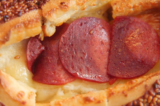 Close-up of a delicious sandwich filled with meat slices and cheese.