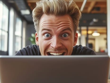 Surprised and excited man with expressive face looking at laptop in modern workspace, reacting with enthusiasm to screen content, wide-eyed and smiling, AI generated image with realistic style