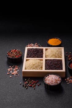 White and red raw rice grains in a ceramic bowl. Rice as an ingredient in Asian organic food