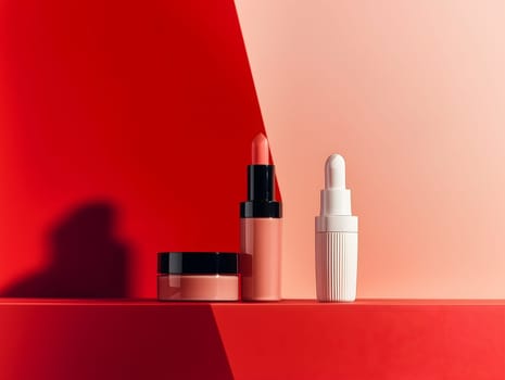 AI generated image featuring a minimalistic composition of makeup products, including lipstick, cream, and serum dropper bottle, arranged on a stylish red and pink geometric backdrop with modern lighting