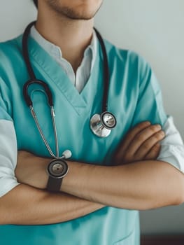 AI generated image showing a confident male healthcare worker wearing medical scrubs and a stethoscope with arms crossed, symbolizing professionalism, trust, and modern medical practice in clinical settings,Vertical