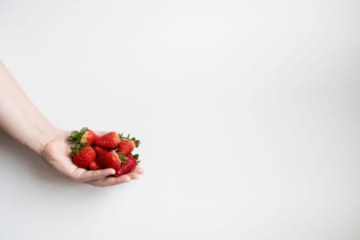 Hand holding fresh strawberries against minimalist white background.