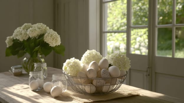 A vintage wire egg basket serves as an Easter centerpiece, filled with beautiful Easter eggs and accompanied by fresh spring flowers. Natural light enhances the decor setting.