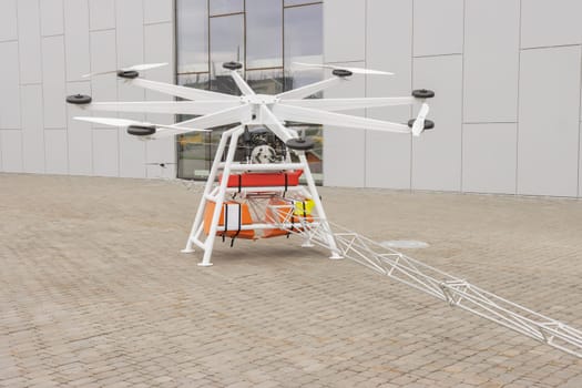 Big agricultural drone uav for working in big industrial farm, close up