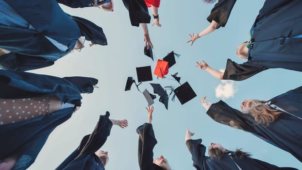 Graduates joyfully throwing their graduation caps in the air, marking the completion of their studies under a clear blue sky