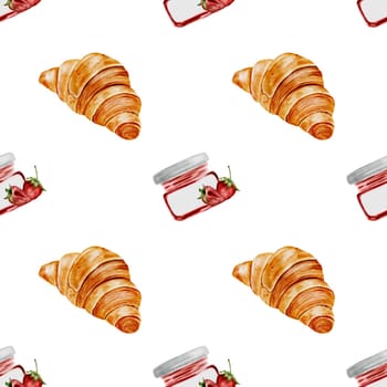 Croissant and jam watercolor frame. Hand drawn illustration fresh french bun. Food clip art. Ideal for bakery prints, postcards and pastry shop posters. High quality illustration
