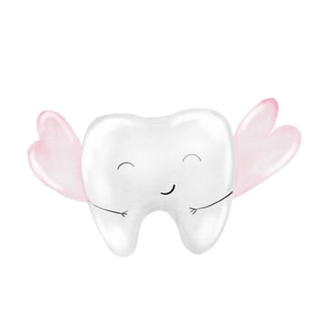 Baby tooth watercolor. Cute cartoon molar with crown on isolated white background. Dental clip art. Ideal for cards and invitations to the party baby's first tooth, posters in the doctor's office. High quality illustration