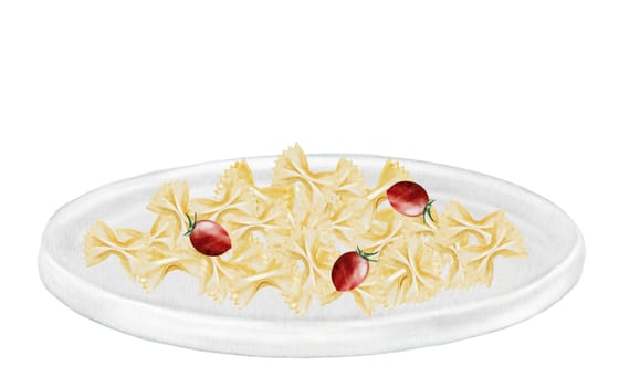 Farfalle pasta on a plate, watercolor painting.. Hand drawn italian macaroni with tomatoes and basil on white background. Food clip art. Ideal for pasta packaging, restaurant menus and posters. High quality illustration