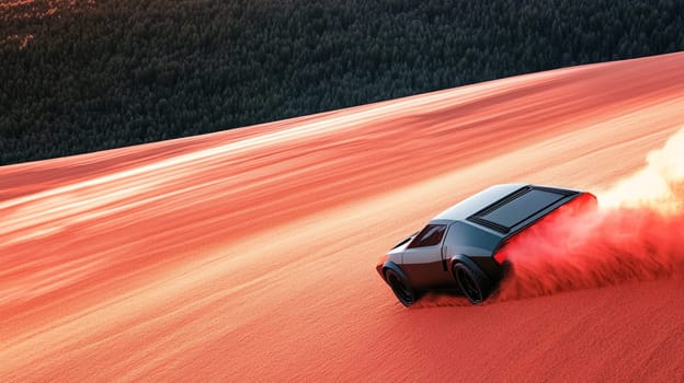 Black futuristic car is driving fast on a red sand dune planet, leaving a trail of red dust. The red planet seems deserted and the car is driving towards the woods