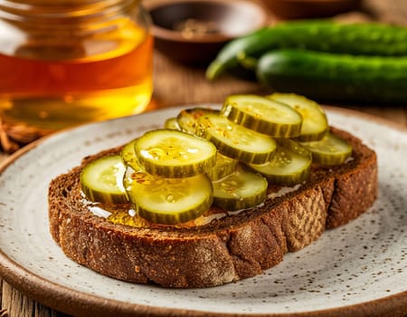 Sliced pickles are arranged on a piece of dark rustic bread, drizzled with honey. Contrasts of savory and sweet flavors.
