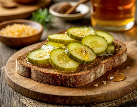 Sliced pickles are arranged on a piece of dark rustic bread, drizzled with honey. Contrasts of savory and sweet flavors.