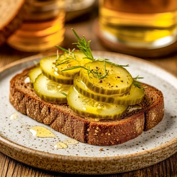 Sliced pickles are arranged on a piece of dark rustic bread, drizzled with honey. Contrasts of savory and sweet flavors.