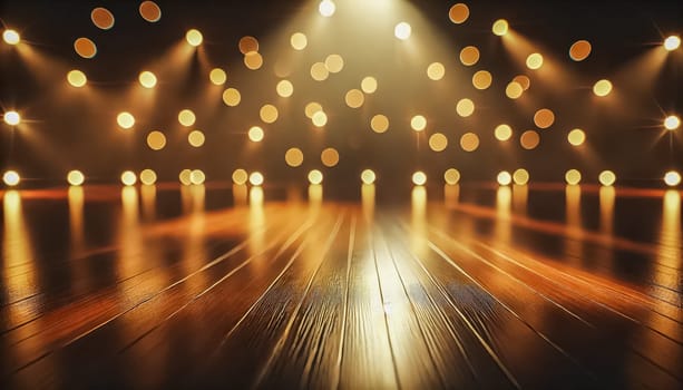 A close-up vertical shot of a polished wooden floor bathed in the warm glow of soft bokeh lights. The rich wood texture contrasts beautifully with the dreamy, golden orbs of light floating just above, creating a peaceful ambiance.