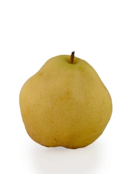 Captivating yellow pear sits on a plain background, showcasing its smooth skin and inviting shape. This fruit embodies the essence of late summer harvest, rich in sweetness.