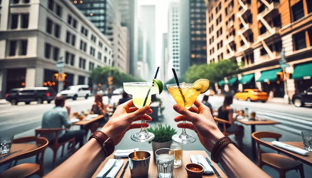 Two hands hold up drinks in a lively city setting, with one glass filled with a margarita and the other a lemon cocktail. The background shows a vibrant cityscape, blending greenery with modern buildings, perfect for an outdoor gathering.