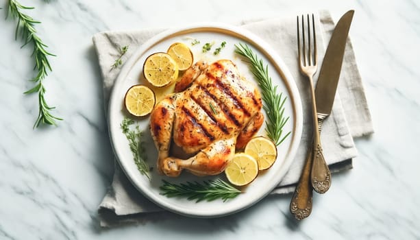 A close-up of a grilled lemon herb chicken breast, beautifully garnished with fresh rosemary sprigs and lemon slices. The dish is set on a white plate, with the juicy texture and grill marks highlighted by the bright natural light on a marble countertop.